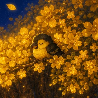 Turpi the tiny turpial bird asleep among golden araguaney blossoms