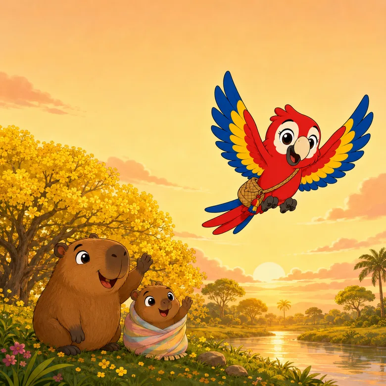 Cover of ¿Por Qué Vuela Maya? — Maya flies over the capybara family under the yellow araguaney tree