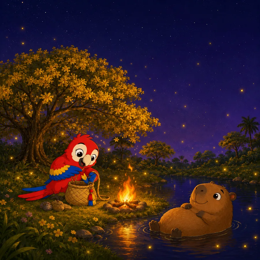 Maya packing her morral by the campfire while Chiwy floats under the stars
