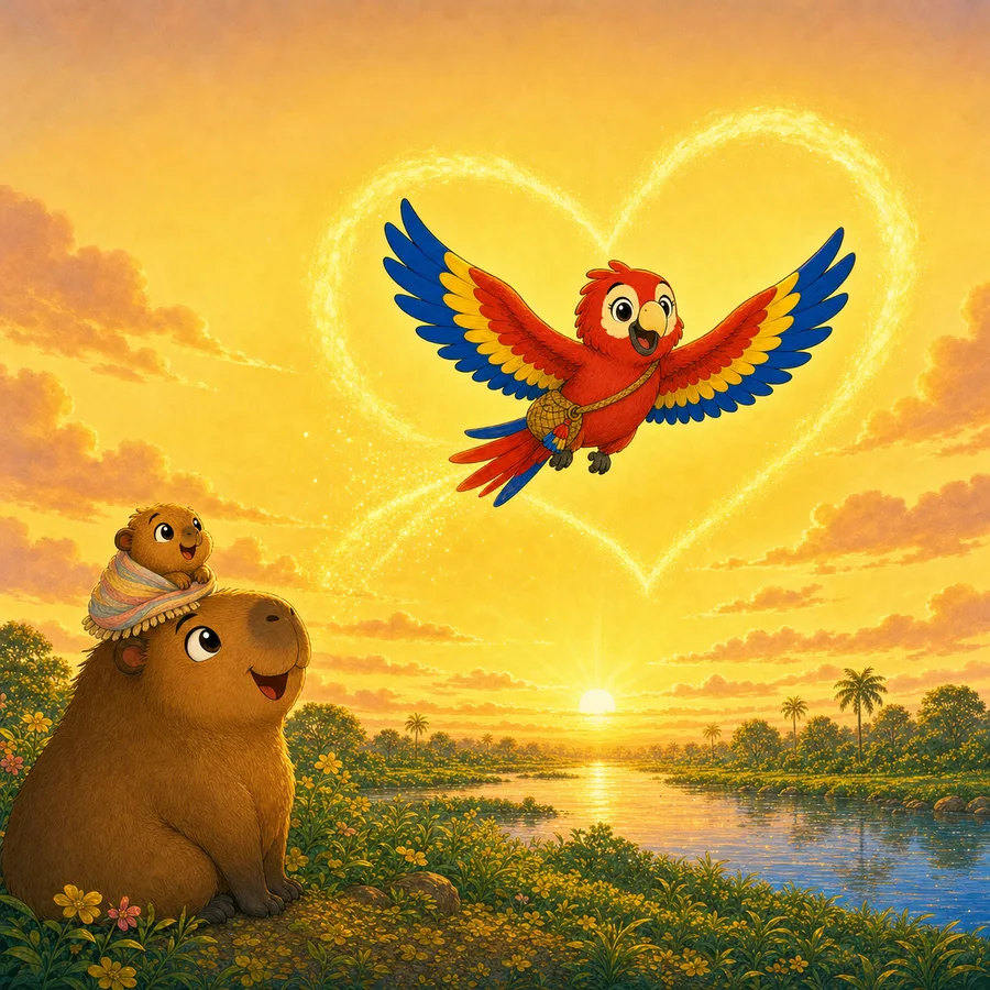 Maya flying through a heart drawn in the sunset sky