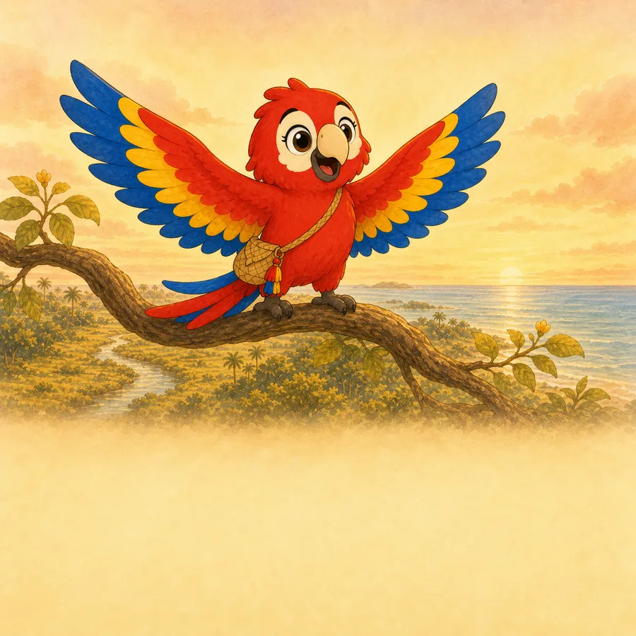 Maya spreading her red, yellow, and blue wings on a branch at sunset